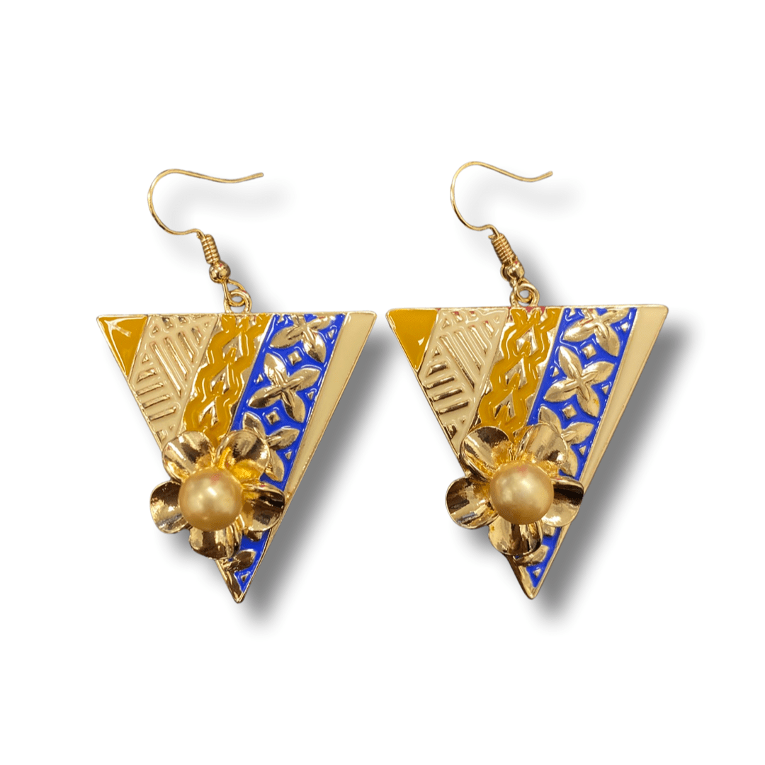 SALE - $7.50 Gold Plated Triangle Coloured Island Patterned and Pearl Earrings - Image 4