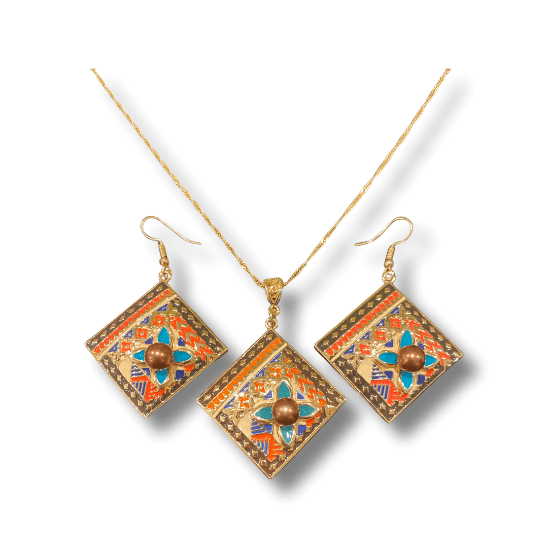 SALE - $25.00 Gold Plated Coloured Island Patterned Necklace and Earring Set