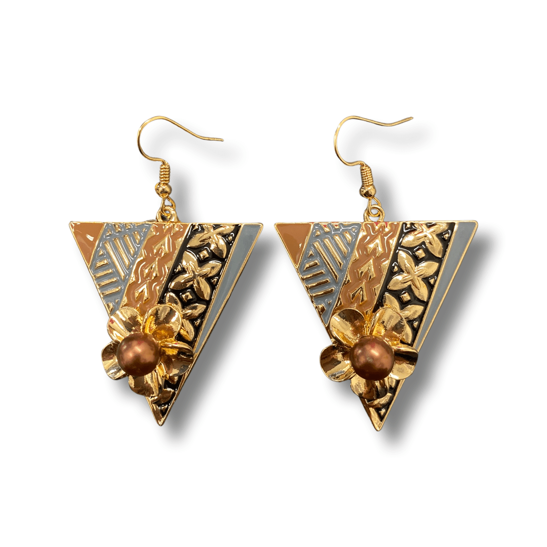 SALE - $7.50 Gold Plated Triangle Coloured Island Patterned and Pearl Earrings - Image 3
