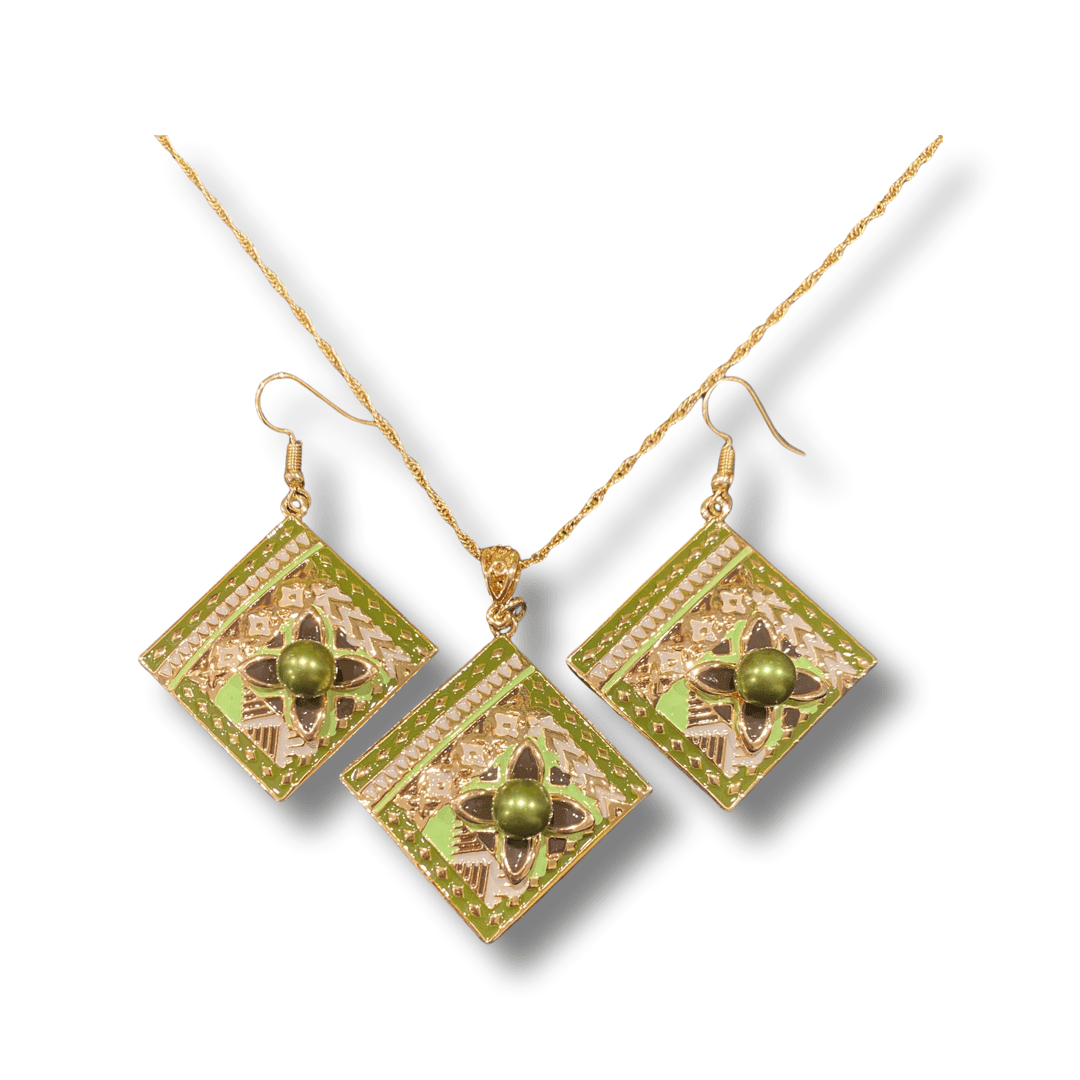 SALE - $25.00 Gold Plated Coloured Island Patterned Necklace and Earring Set - Image 2