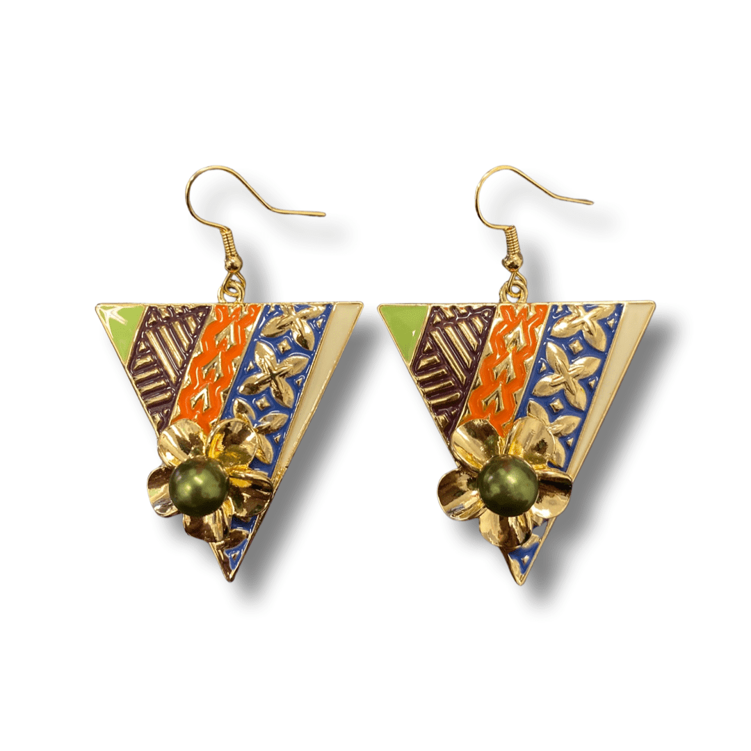 SALE - $7.50 Gold Plated Triangle Coloured Island Patterned and Pearl Earrings - Image 2