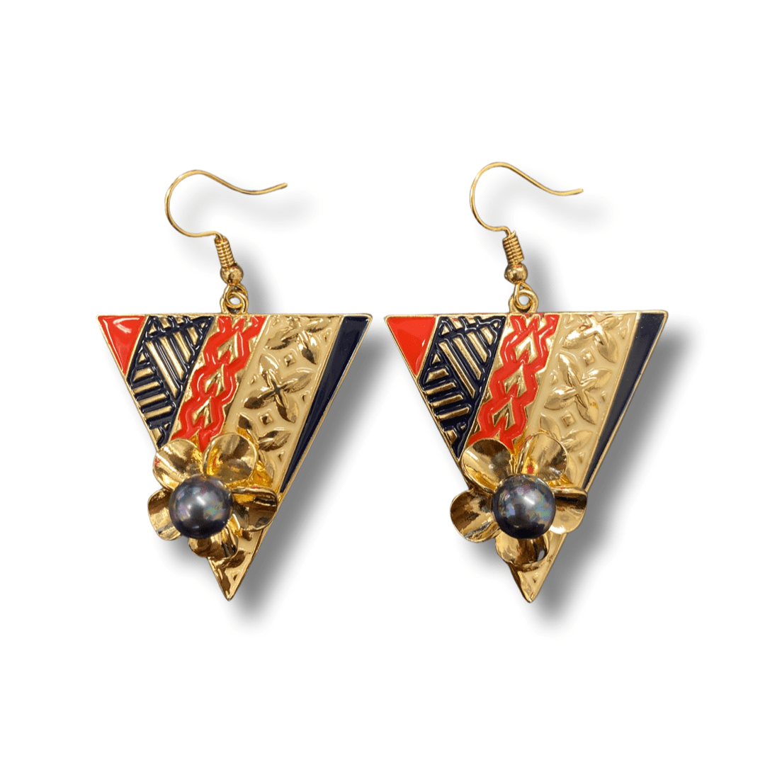 SALE - $7.50 Gold Plated Triangle Coloured Island Patterned and Pearl Earrings