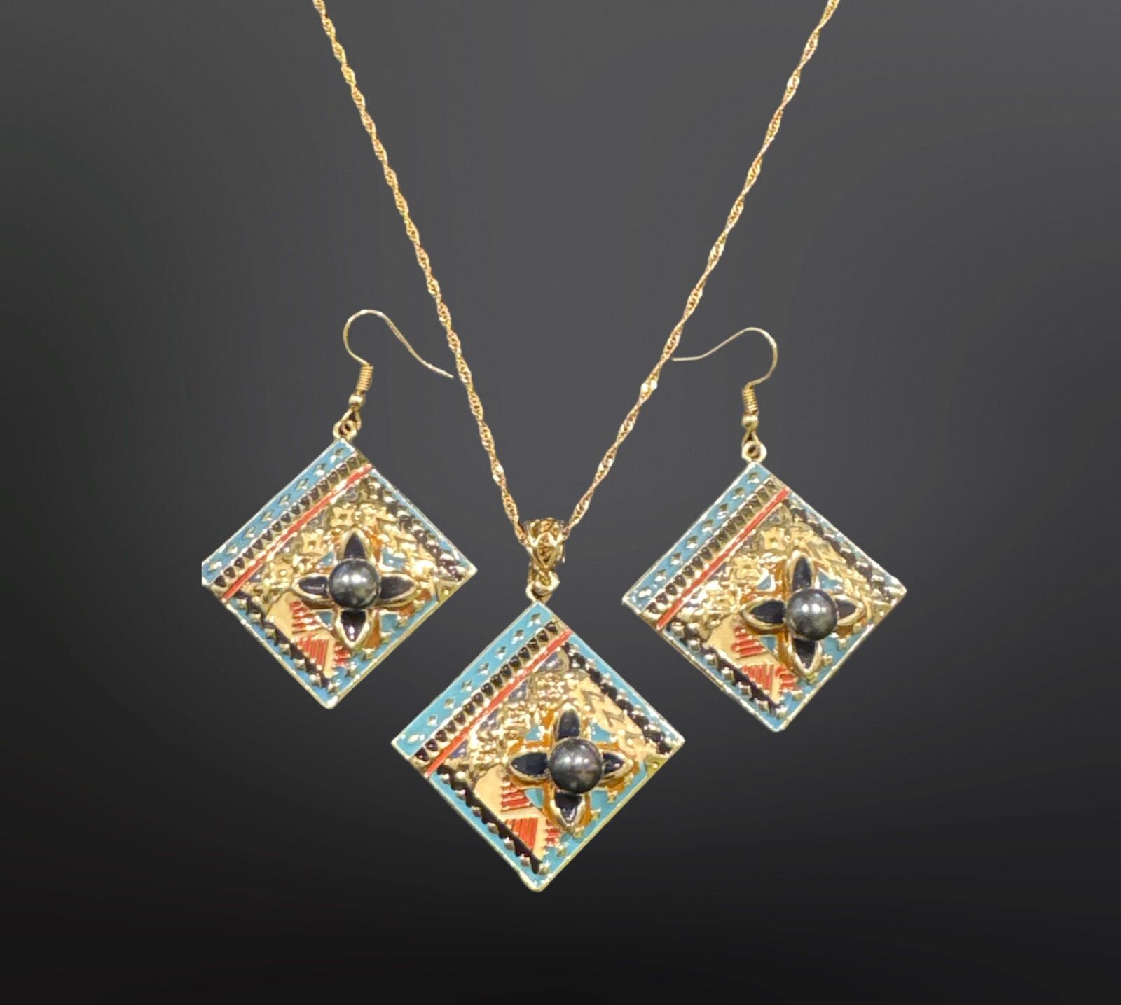 SALE - $25.00 Gold Plated Coloured Island Patterned Necklace and Earring Set - Image 3