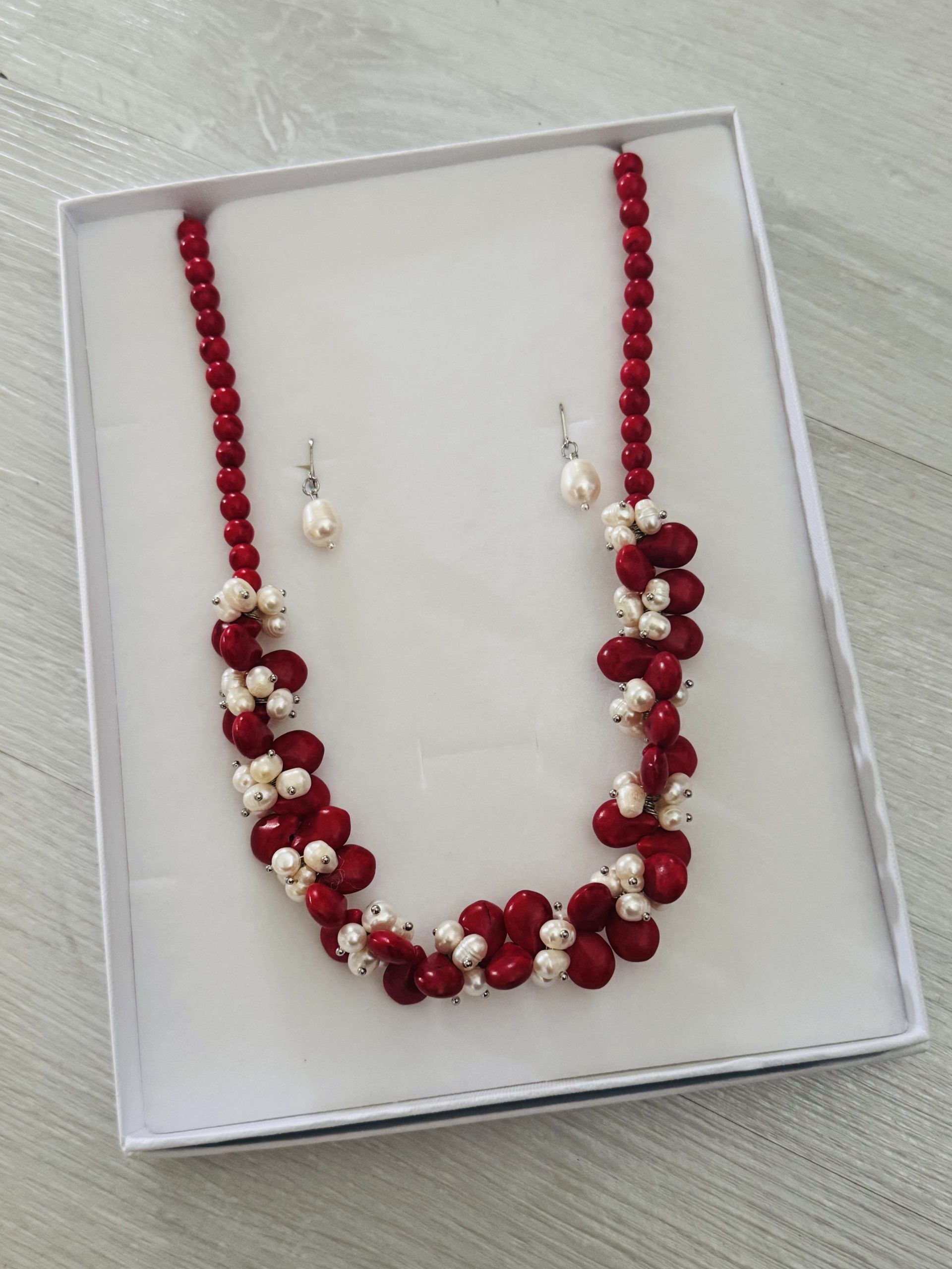 SALE - $55.00 2pc White Fresh Water Pearl Necklace with Red Coral & White Pearl Earrings - Image 3