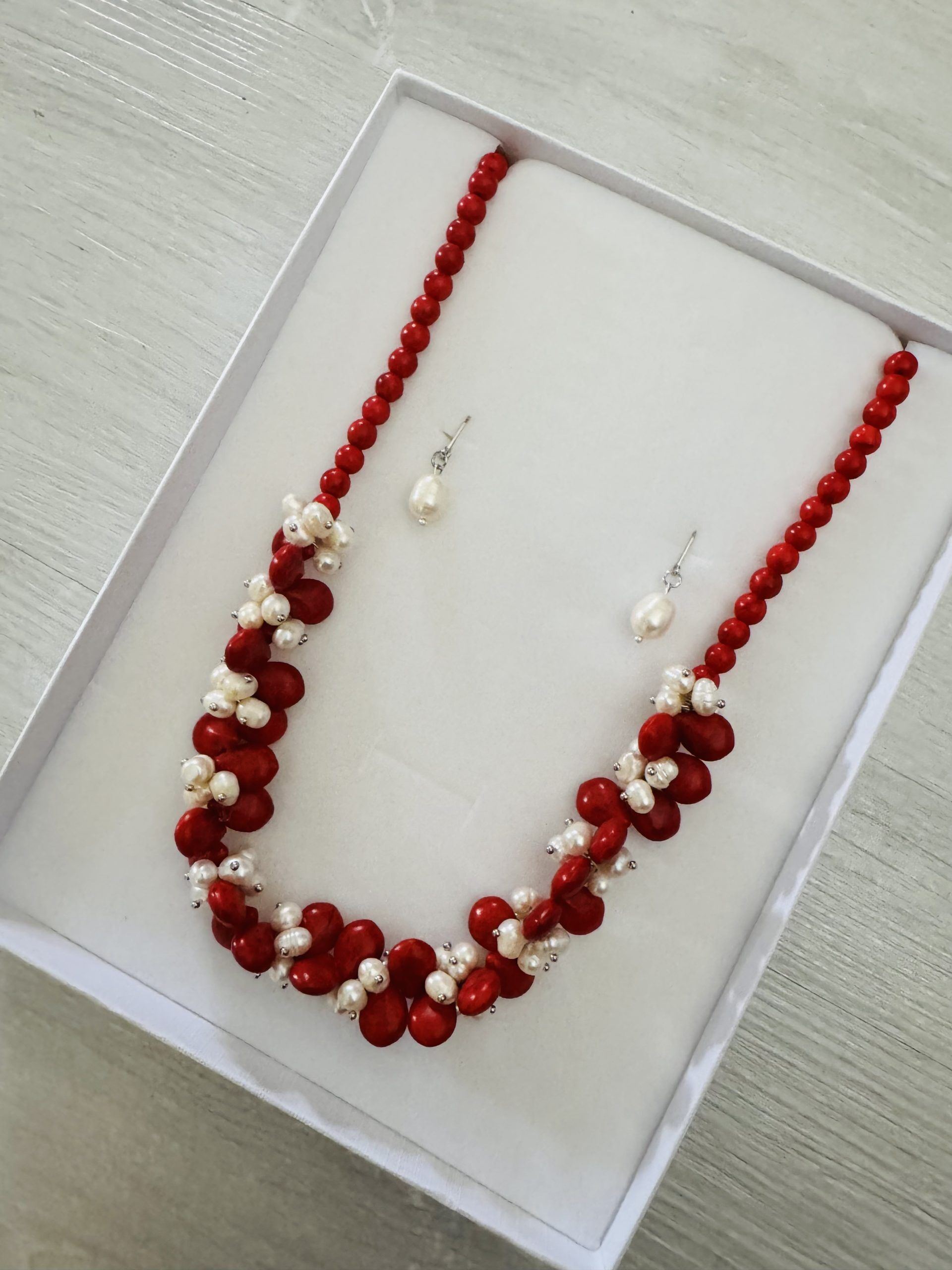 SALE - $55.00 2pc White Fresh Water Pearl Necklace with Red Coral & White Pearl Earrings
