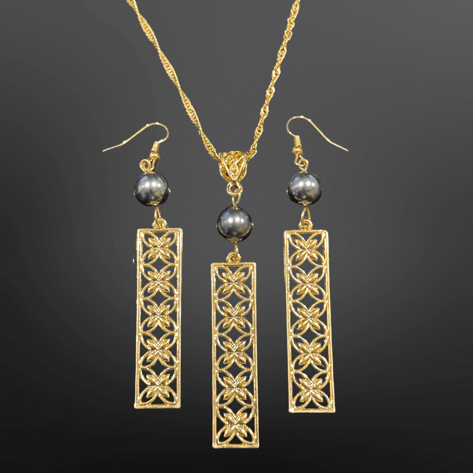 SALE - $25.00 Polynesian Flower Gold Plated with Pearl 2pc Earring & Necklace Set